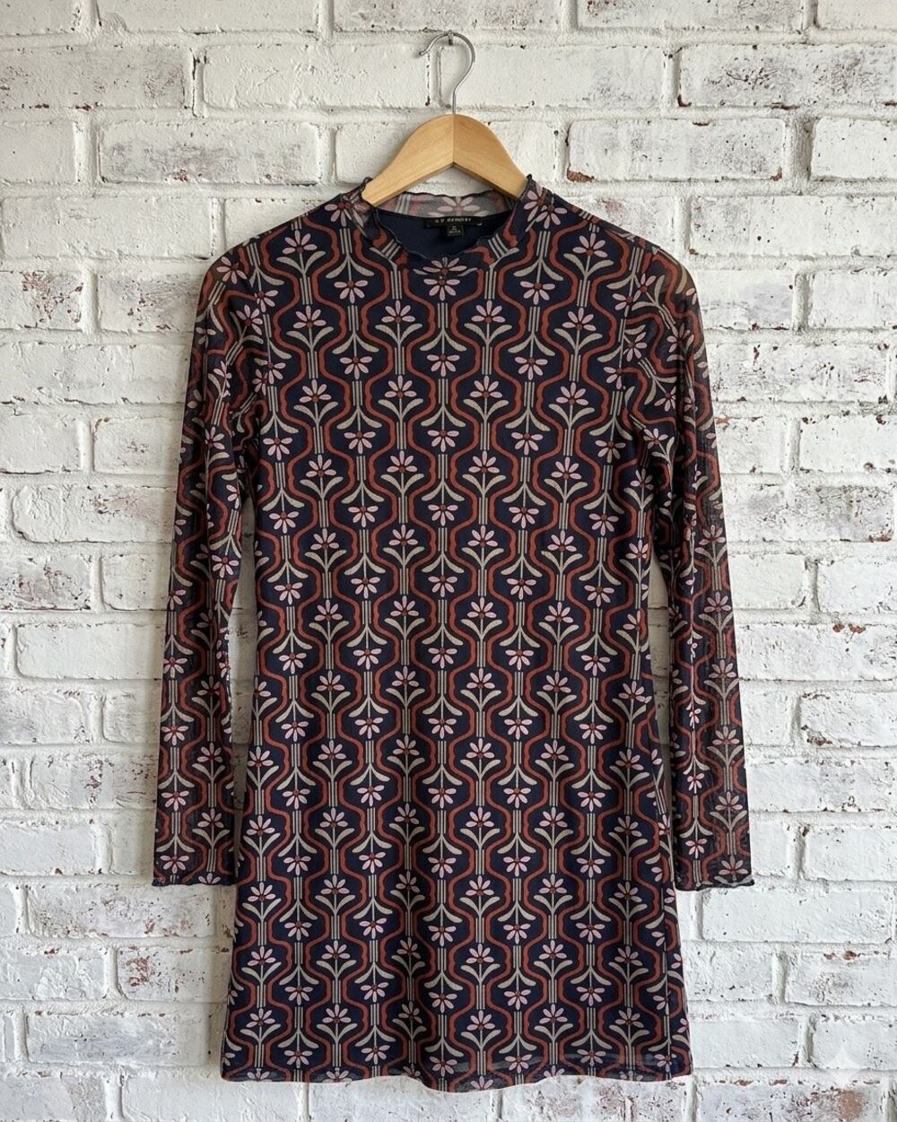 Retro 70s Geometric Floral Mesh Sheer Sleeve Mini Dress M art deco sheer modest